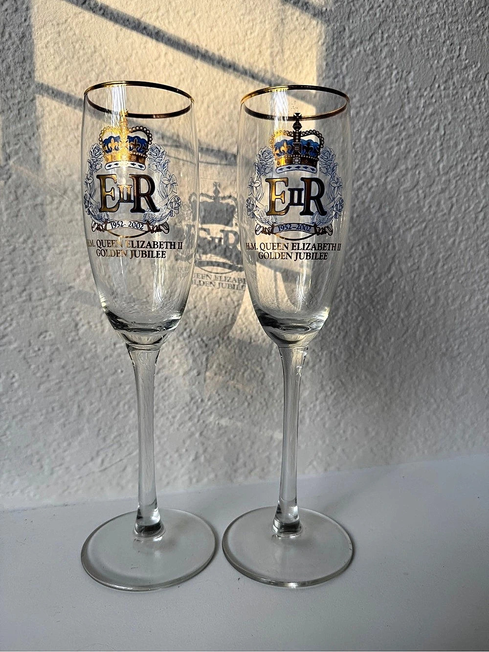 Vintage Queen Elizabeth II Golden Jubilee Champagne Flutes Set of 2 (1952-2002)